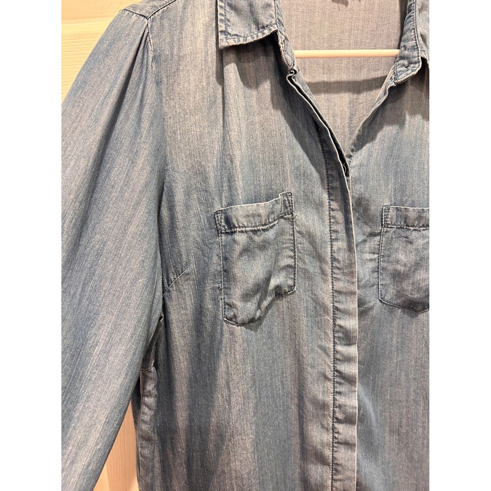 Beachlunchlounge Blue Lyocell Denim Shirt Frayed Hem Roll Tab Sleeve Womens L - Picture 3 of 10